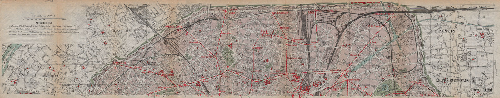 PARIS NORTH 17E 18E 19E 9E 10E. Neuilly-Porte Brunet. Vintage map plan 1922